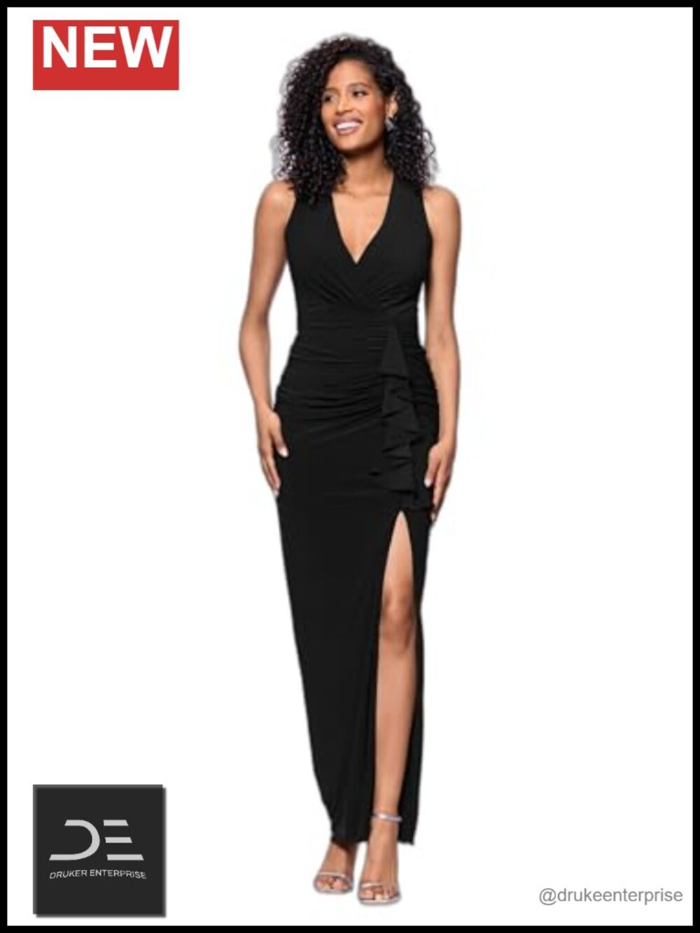 Women's Jersey Knit V-Neck Ruffle Leg Slit Floor Length Dress